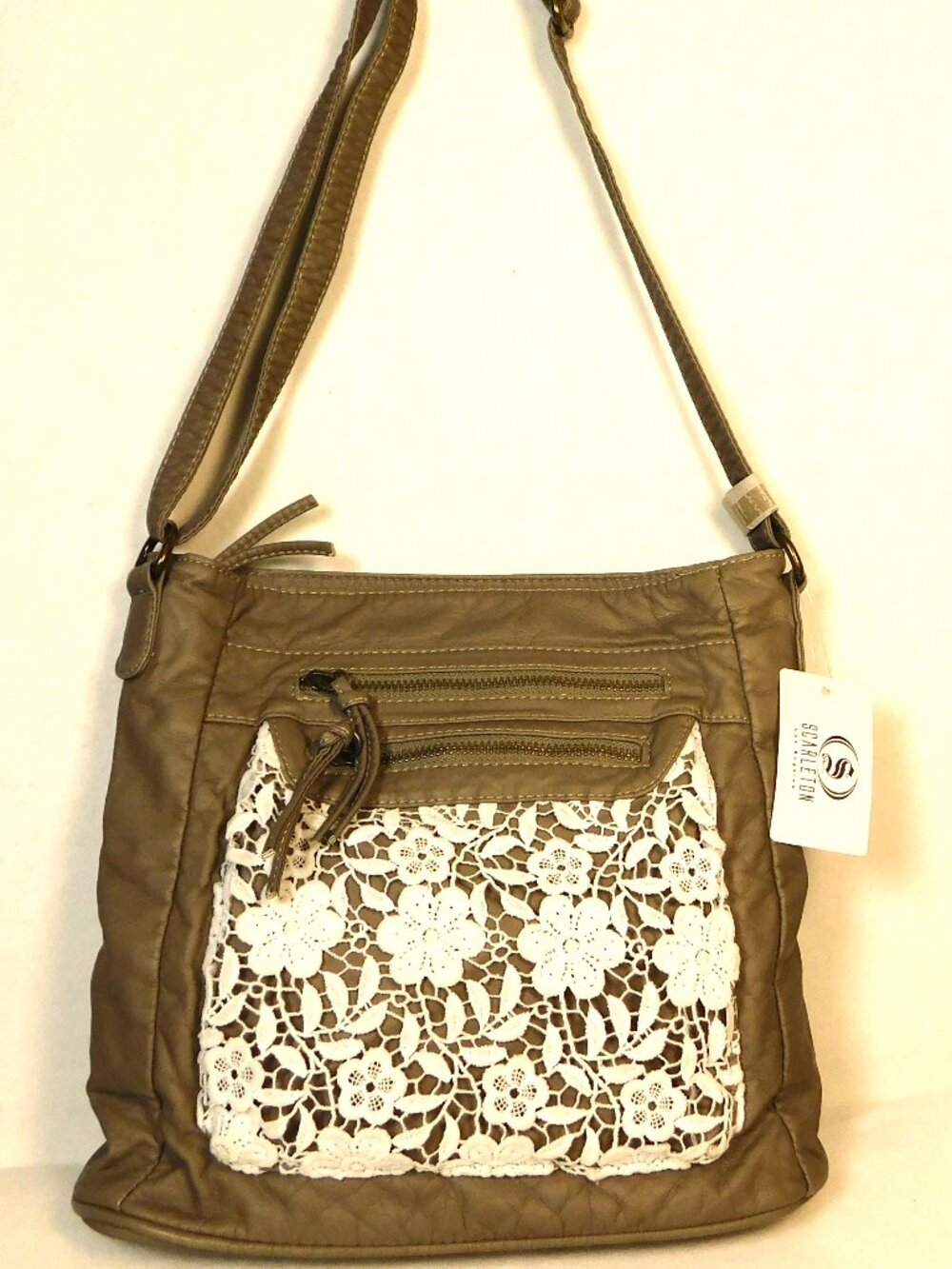 SCARLETON Los Angeles Khaki /White Lace Crossbody Bag Khaki H174014 New With Tag